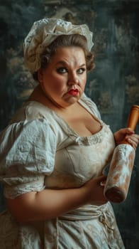 A woman in a dress holding an old rolling pin