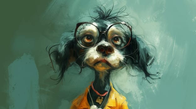 A painting of a dog wearing glasses and an orange shirt