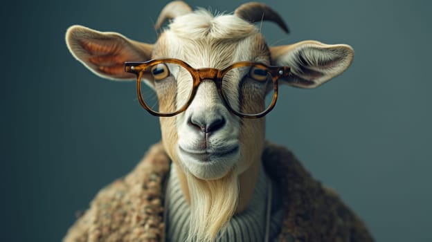 A goat wearing glasses and a sweater with brown hair