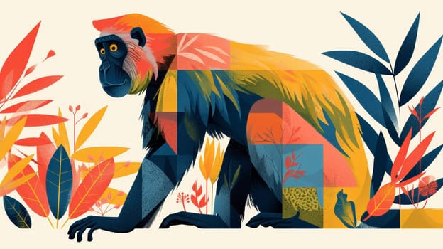 A colorful monkey with a leafy background in the middle