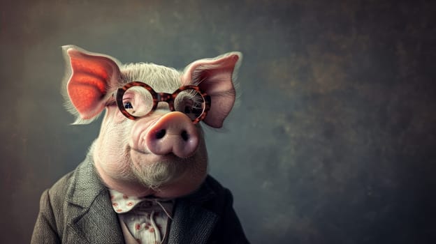 A pig wearing glasses and a suit with an expression of surprise