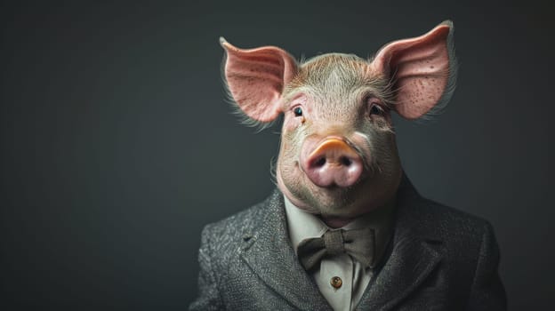 A pig wearing a suit and tie with his eyes closed