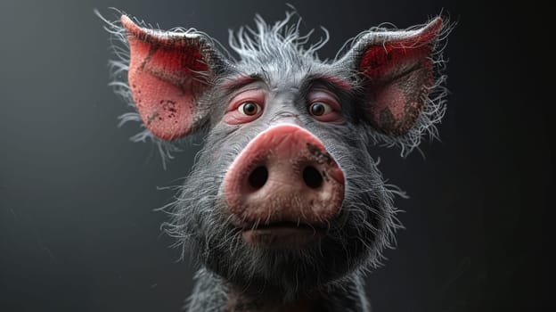 A close up of a pig with long hair and big ears