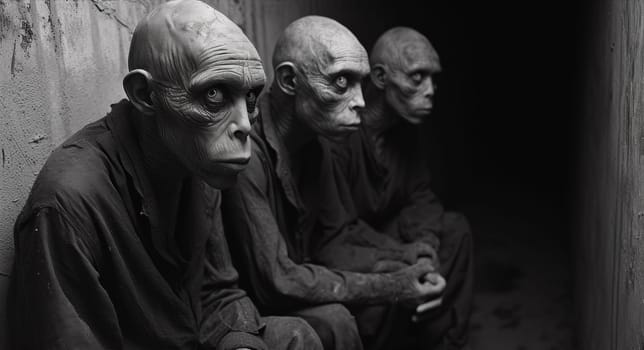 Three men with monkey faces sitting in a row