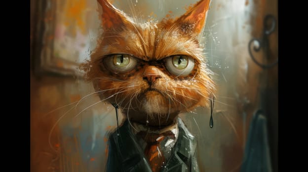 A painting of a cat wearing glasses and a suit