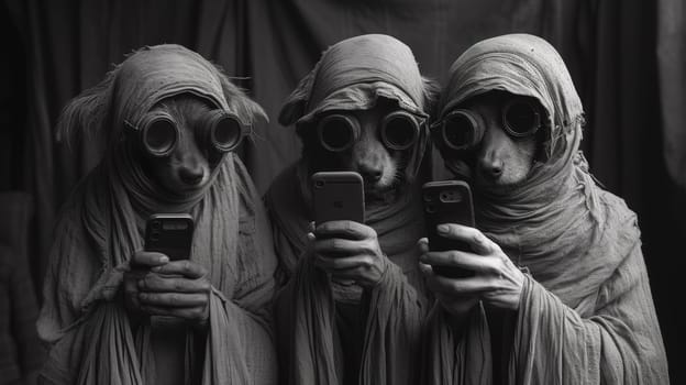 Three dogs dressed in robes and hoods holding cell phones