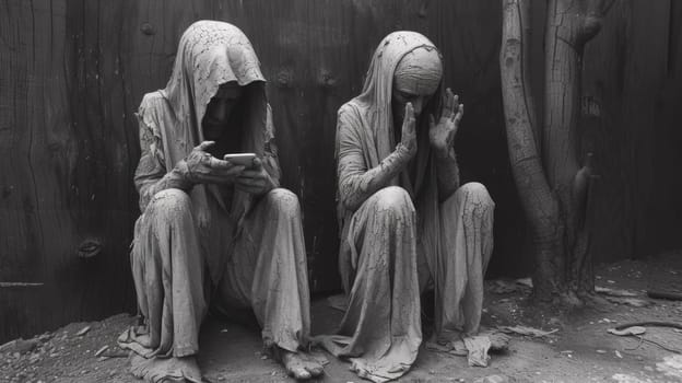 Two statues of people sitting on the ground looking at their cell phones