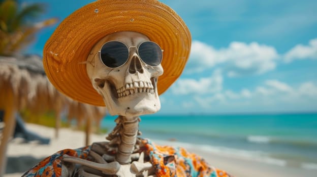 A skeleton wearing a straw hat and sunglasses on the beach