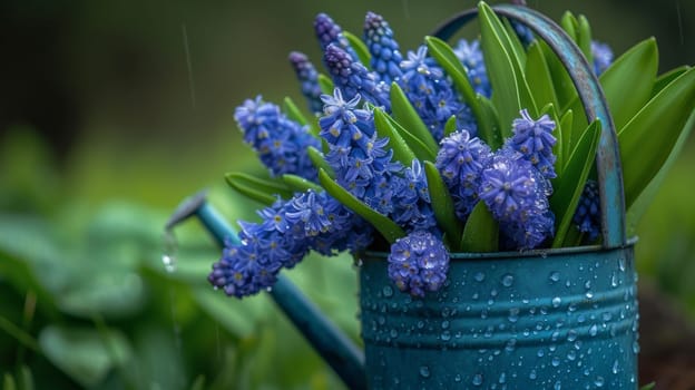 A blue watering can with purple flowers in it sitting on a green lawn