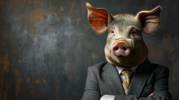 A pig wearing a suit and tie with arms crossed