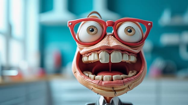 A close up of a cartoon character with red glasses and teeth