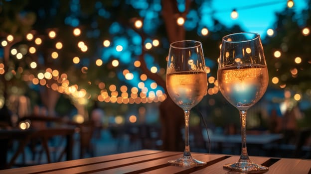 Two glasses of wine on a table with lights in the background