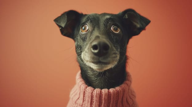 A black dog wearing a pink sweater with an orange background