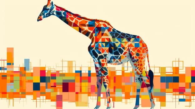 A giraffe with a geometric pattern on its body standing in front of colorful squares