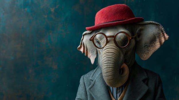 A statue of an elephant wearing a hat and glasses