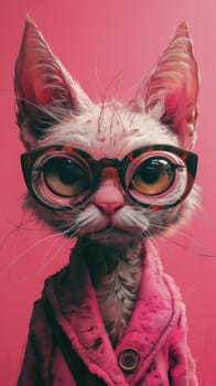 A close up of a cat wearing glasses and pink jacket