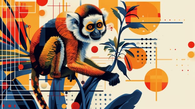 A colorful painting of a monkey sitting on top of some leaves