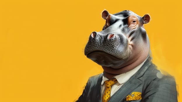 A hippo wearing a suit and tie with yellow background