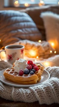 A waffle with berries and whipped cream on a plate next to coffee