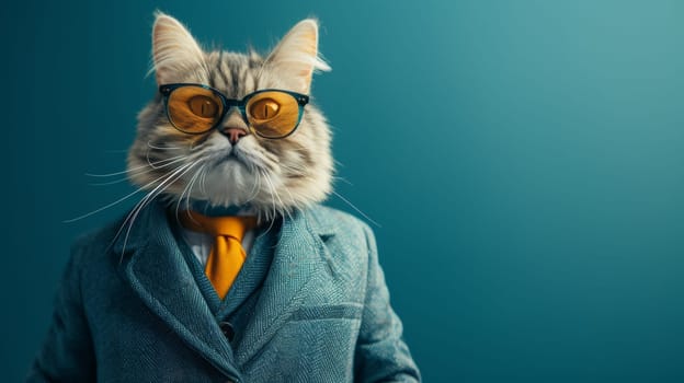 A cat wearing a suit and tie with orange glasses