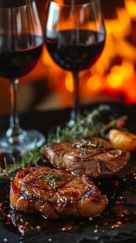 Two glasses of wine and two steaks on a table