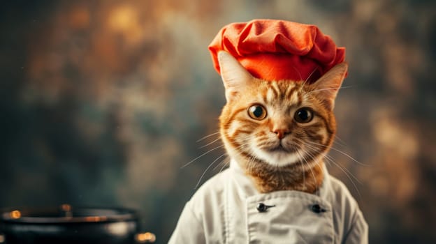 A cat wearing a chef hat and standing next to something