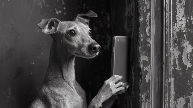 A dog holding a cell phone up to the wall