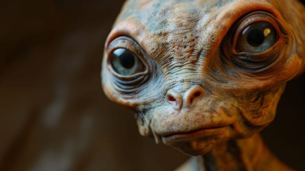 A close up of an alien looking creature with big eyes