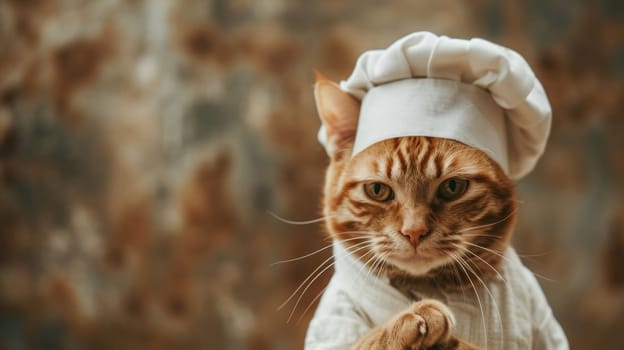 A cat wearing a chef's hat and standing with hands on hips