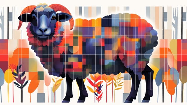 A colorful ram with a multicolored background and leaves