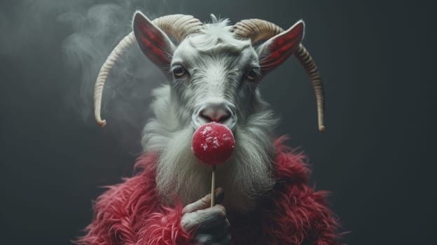 A goat wearing a red sweater and holding up a lollipop