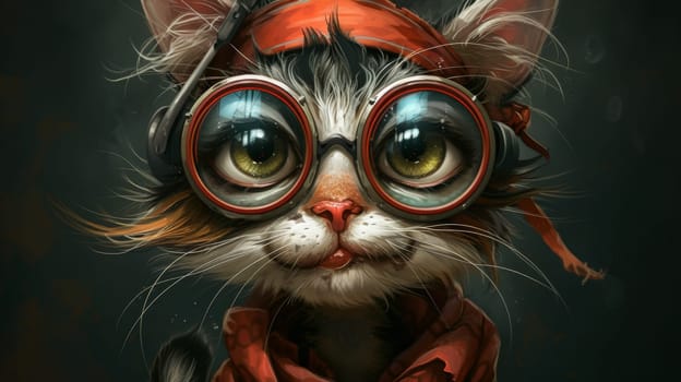 A close up of a cat wearing glasses and red bandana