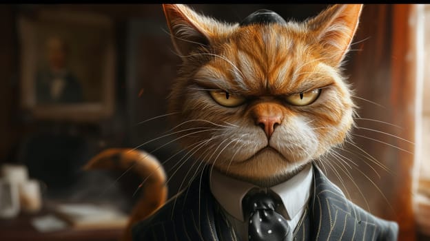 A close up of a cat dressed in suit and tie