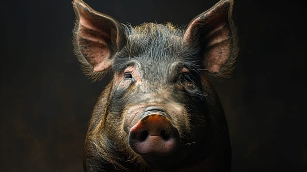 A pig with a dark background and looking at the camera