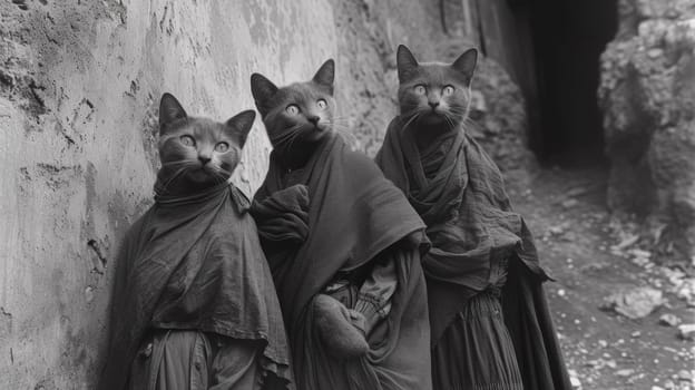 Three cats dressed in robes and hoods standing next to a wall