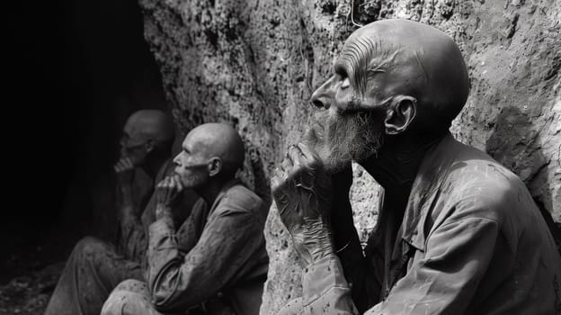 A group of men sitting in a cave with their hands on the wall