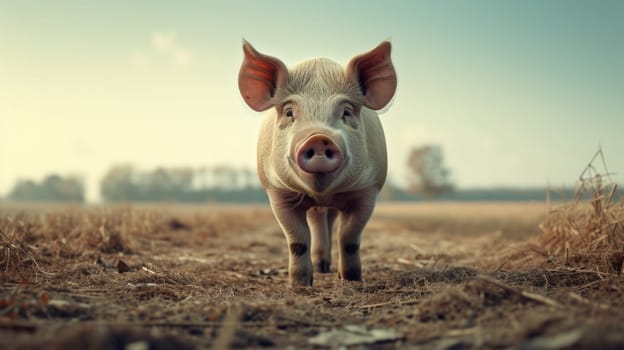 A pig is walking on a field with trees in the background