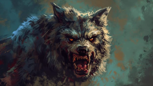 A painting of a wolf with red eyes and fangs