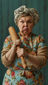 A woman in a floral dress holding up an old fashioned baseball bat