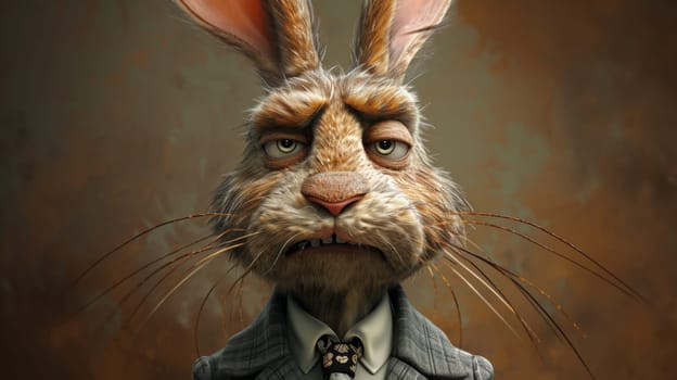 A rabbit with a suit and tie on is looking at the camera