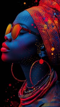 A woman with a colorful afro and sunglasses wearing earrings