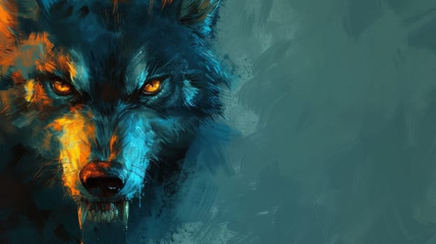 A painting of a wolf with glowing eyes and yellow teeth