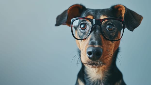 A dog wearing glasses and looking at the camera