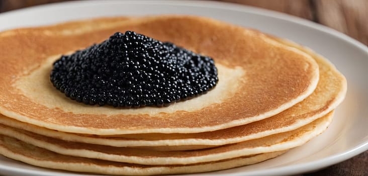 Pancakes with caviar for breakfast highlight luxury morning meal. Golden stack topped with black caviar, served on wooden plate, captures indulgent experience