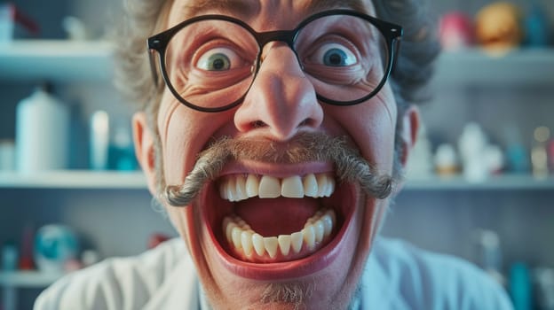 A man with a mustache and glasses in front of shelves