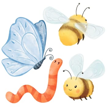 watercolor set featuring insects - bees, a worm, and a butterfly. cartoon style, this collection is perfect for children's illustrations, educational materials, and nature-themed designs.