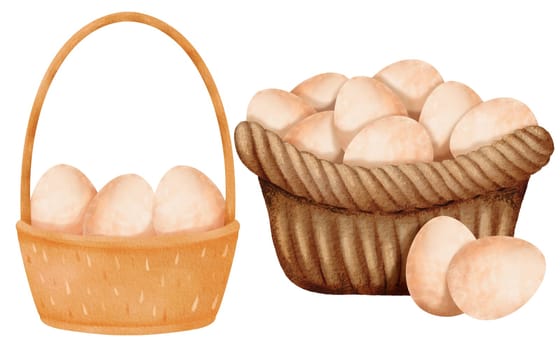 Watercolor set featuring two distinct woven baskets filled with fresh eggs. Captures the rustic beauty of farm-fresh simplicity. for conveying a wholesome atmosphere. for diverse designs, cards.