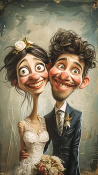 A cartoon of a man and woman dressed as bride and groom