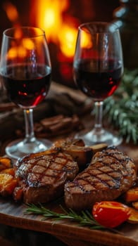 Two glasses of wine are sitting on a cutting board with meat