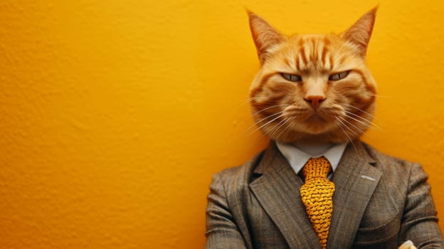 A cat wearing a suit and tie with yellow background